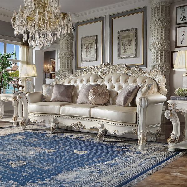 ACME Vendome Champagne Synthetic Leather & Antique Pearl Finsih Oversized Sofa with 6 Pillows Model LV01525