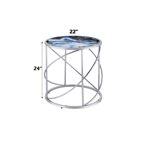 ACME Lyda Blue Marble Print & Chrome End Table Model LV02096