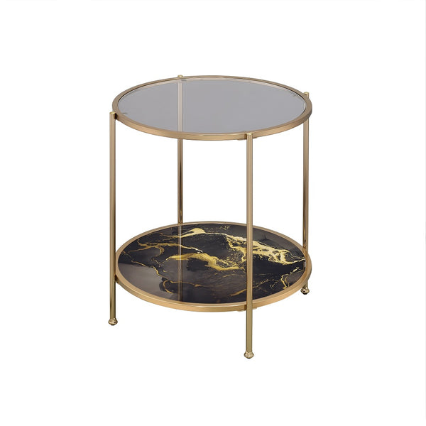 ACME Fiorella Glass Black Marble Paint & Gold End Table Model LV02223