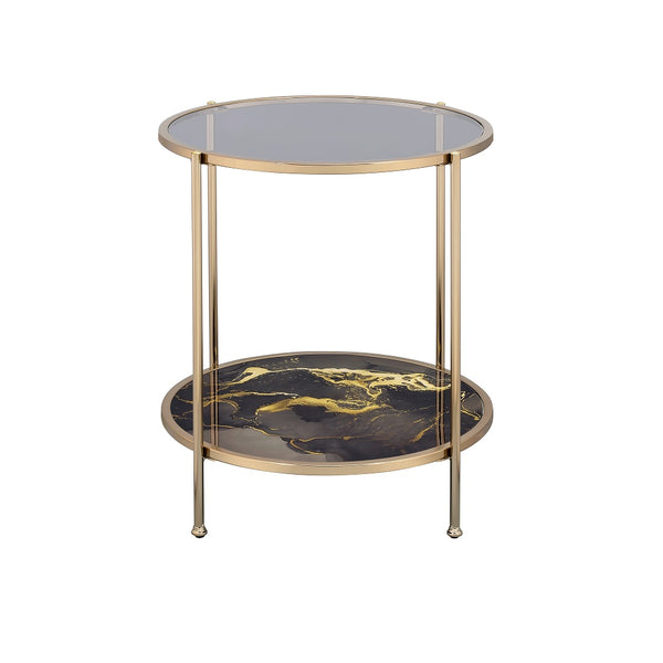 ACME Fiorella Glass Black Marble Paint & Gold End Table Model LV02223
