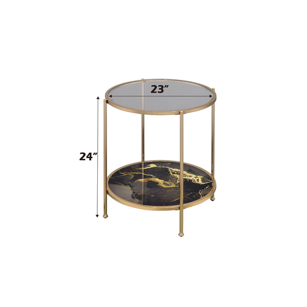 ACME Fiorella Glass Black Marble Paint & Gold End Table Model LV02223