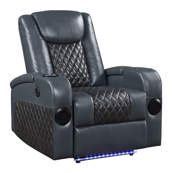 ACME Alair Blue & Black Leather Aire Power Motion Recliner with Bluetooth Speaker & Cooling Cup Holder Model LV02459