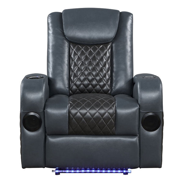 ACME Alair Blue & Black Leather Aire Power Motion Recliner with Bluetooth Speaker & Cooling Cup Holder Model LV02459