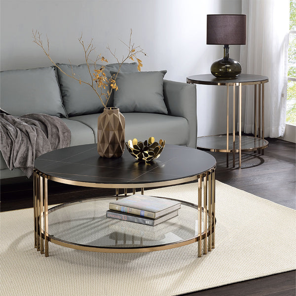 ACME Abisha Sintered Stone Top & Champagne End Table Model LV02816