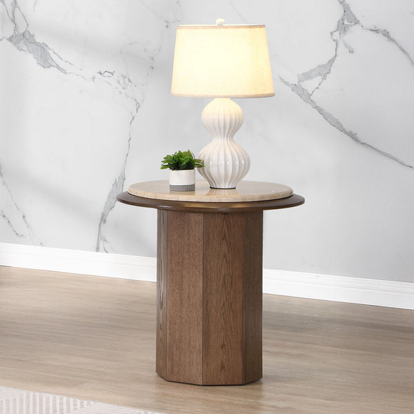 ACME Kasha Travertine Top & Walnut End Table Model LV03326