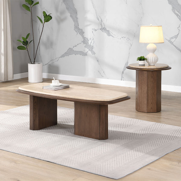 ACME Kasha Travertine Top & Walnut End Table Model LV03326