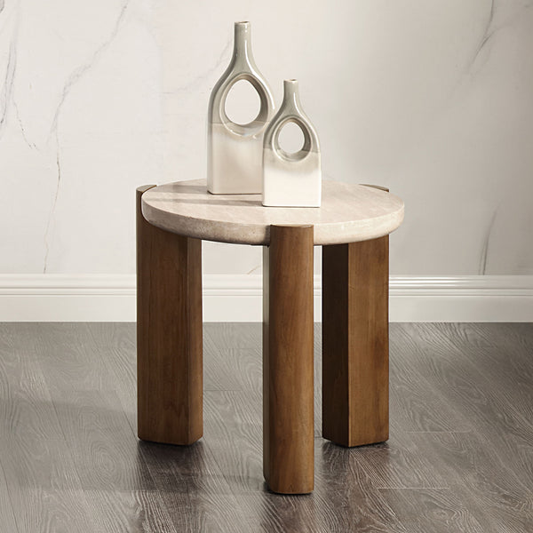 ACME Leonardo Travertine Top & Dark Oak End Table Model LV03666