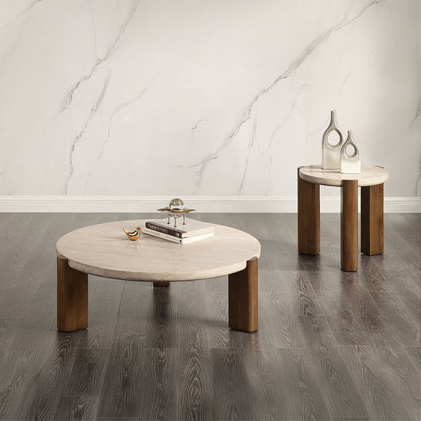 ACME Leonardo Travertine Top & Dark Oak End Table Model LV03666