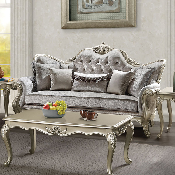 ACME Libertee Beige Fabric & Champagne Sofa with 5 Pillows Model LV03820