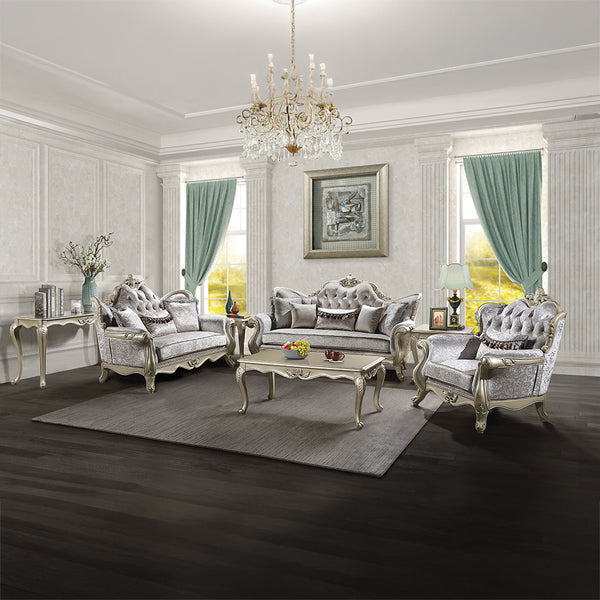 ACME Libertee Beige Fabric & Champagne Sofa with 5 Pillows Model LV03820