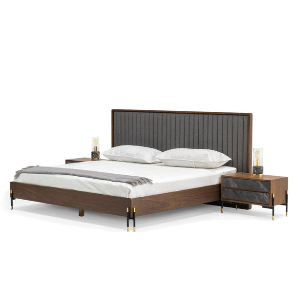 Nova Domus Metcalf Mid Century Walnut & Grey Bed With Two Nightstands Model VGMABR-120-BRN-BED