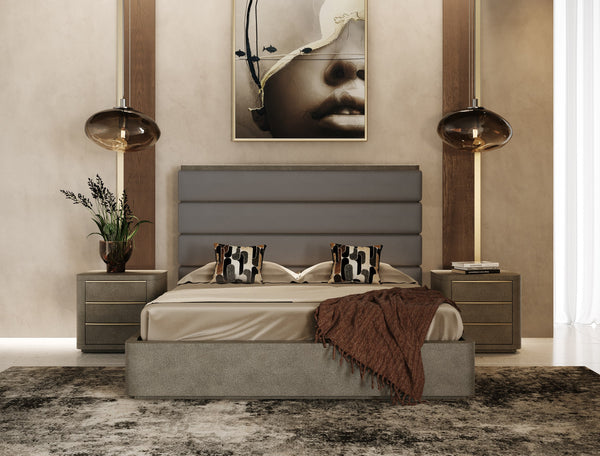 Lois Modern Grey Leather & Beige Shagreen High Headboard Bed