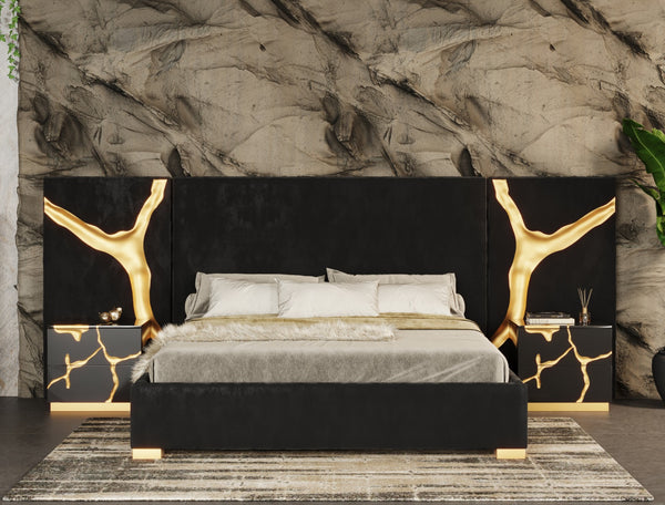Modrest Aspen Eastern King Glam Black Velvet & Gold Bed Model VGVCBD1801-BLK-BED-EK