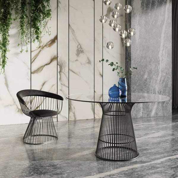 Modrest Chandler Modern Round Glass & Black Stainless Steel Dining Table Model VGZAT007-1-BLK-DT