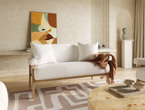 Cynthia Modern White Fabric + Wood Loveseat