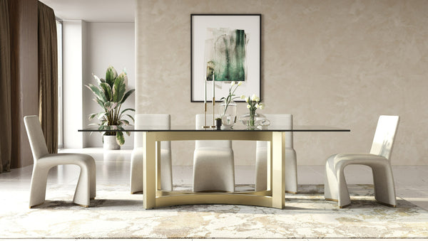 Mingus Modern Glass + Brushed Brass Rectangualr Dining Table
