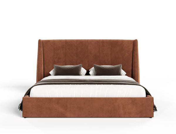 Lamod Roma & Lago Modern Burnt Orange Velvet & Faux Travertine Bed With Nightstands Set Model VGAC-ROMALAGO-3PC-SET