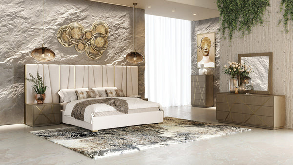 California King Modrest Nixa Modern Beige Velvet & Brushed Bronze Bed Model VGVC-BD1909-BED-BGE-CK