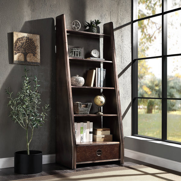 ACME Brancaster BronzeAluminum& Morrocco Top Grain Leather Bookcase Model OF02405