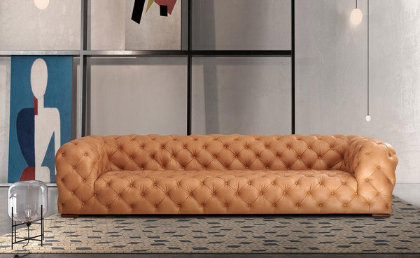 Divani Casa Dexter Transitional Camel Full Italian Leather Tufted Sofa Model VGEV-114-BR-S