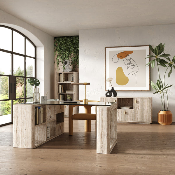 Nova Domus Roma Modern Glass & Faux Travertine Reversible Desk Model VGAN-ROMA-DESK