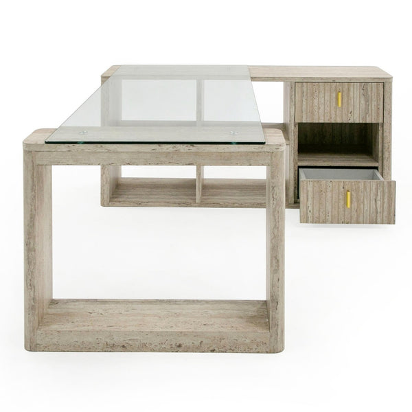 Roma Modern Glass + Faux Travertine Reversible Desk