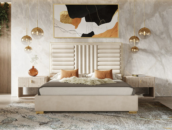 California King Nova Domus Daystar & Roma Modern Beige Velvet & Travertine & Gold Bedroom Set Model VGAN-DAYSTAR-ROMA-BED-SET-CK