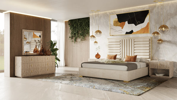 Eastern King Nova Domus Daystar & Roma Modern Beige Velvet & Travertine & Gold Bedroom Set Model VGAN-DAYSTAR-ROMA-BED-SET-EK
