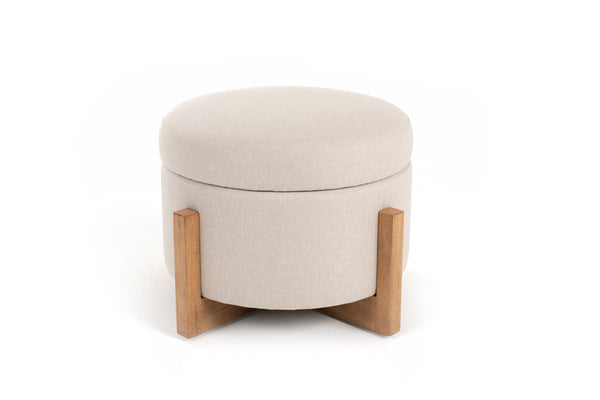 Sada Mid-Century Modern Beige Linen + Chestnut Round Ottoman
