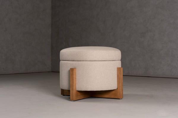 Sada Mid-Century Modern Beige Linen + Chestnut Round Ottoman