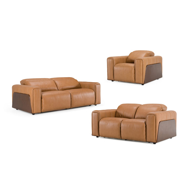 Sandstone Modern Brown Leather Sofa Set w/ Electric Recliners