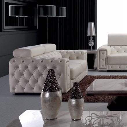 Lumy Modern Tufted White Leather Loveseat with Crystals