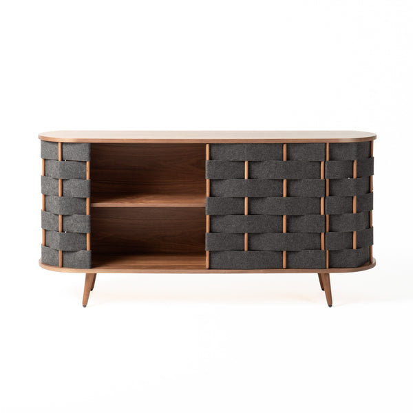 Sheridan Mid-Century Modern Grey Fabric + Walnut Buffet