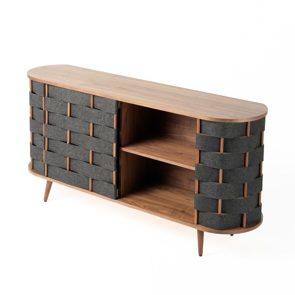 Sheridan Mid-Century Modern Grey Fabric + Walnut Buffet