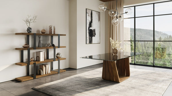 Solvang Contemporary Grey Glass + Walnut Rectangular Dining Table