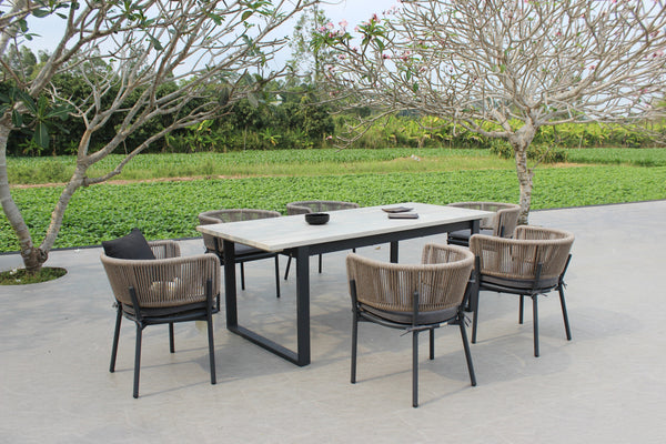 Renava Suntide Outdoor Grey Fabric & Grey Acacia & Beige Rattan Dining Set Model VGAT-RADS-238