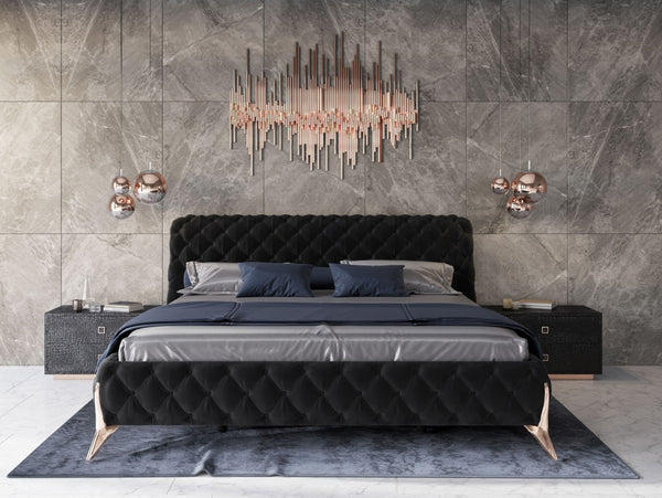 Modrest Legend Modern Black Velvet & Rosegold Bed Model VGVCBD8111-15-BLKROSE-BED