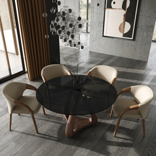 Modrest Christy Mid Century Modern Grey Glass & Walnut Round Dining Table Model VGRY-RY-1160