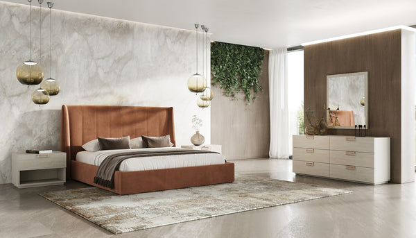 Eastern King Lamod Roma & Lago Modern Burnt Orange Velvet & Faux Travertine 4 Piece Bedroom Set Model VGAC-ROMALAGO-4PC-SET-EK