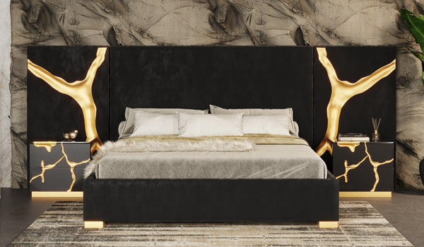 Queen Aspen Modern Black + Gold 4-Piece Bedroom Set