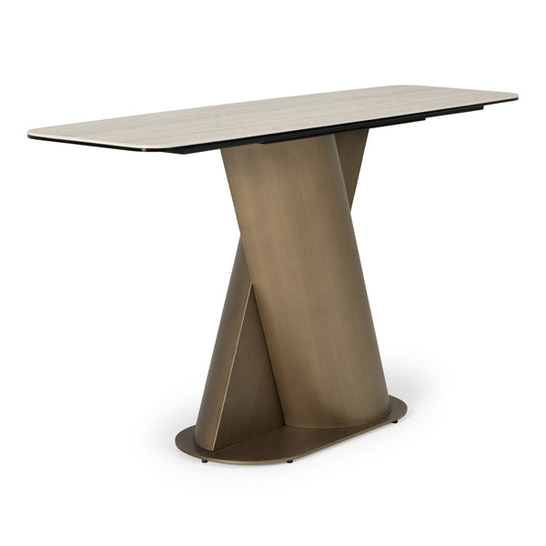 Kiefer Modern Faux Travertine Ceramic + Bronze Console Table