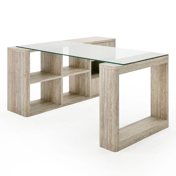 Roma Modern Glass + Faux Travertine Reversible Desk