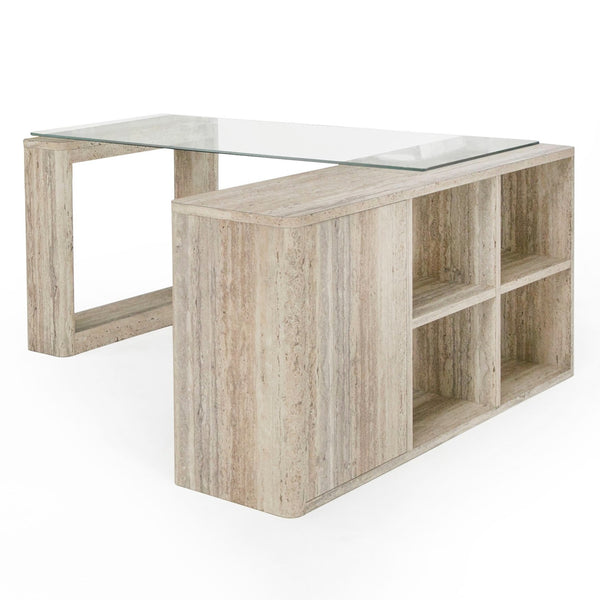 Roma Modern Glass + Faux Travertine Reversible Desk