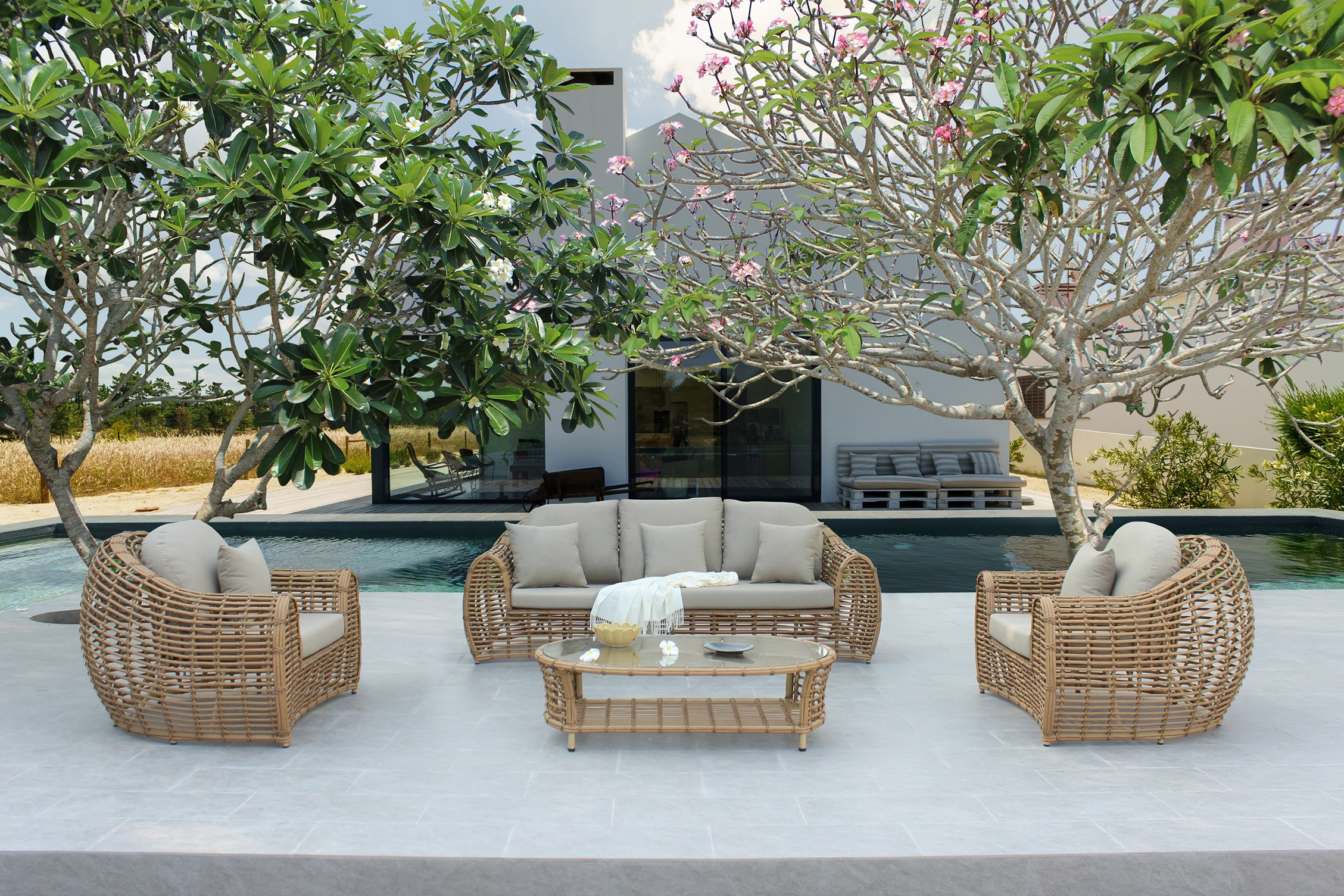 LA Furniture Sandra Outdoor Beige + Wicker Sofa Set VGATRASF-227 Contemporary Style by Vig Furnitrue Number 80827 Catch Home Goods