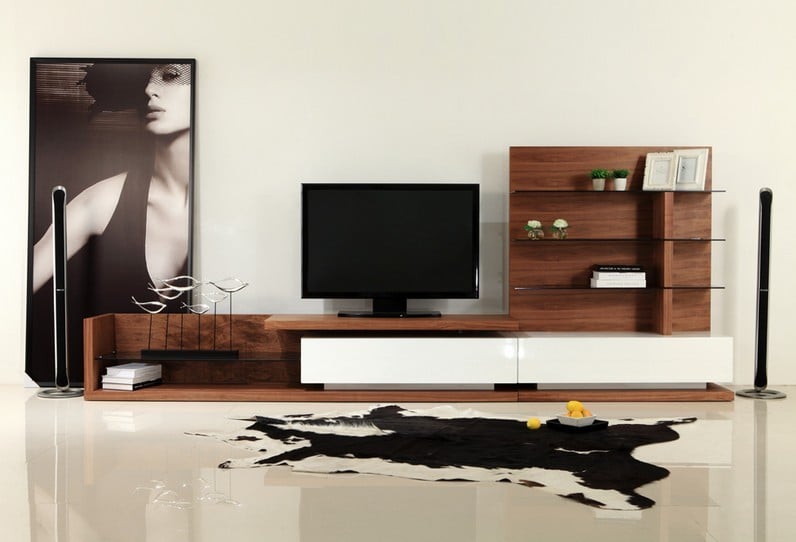 LA Furniture Jefferson Mid-Century Walnut and White High Gloss Entertainment Center VGBB662N-WAL Contemporary Style by Vig Furnitrue Number 16691 Catch Home Goods