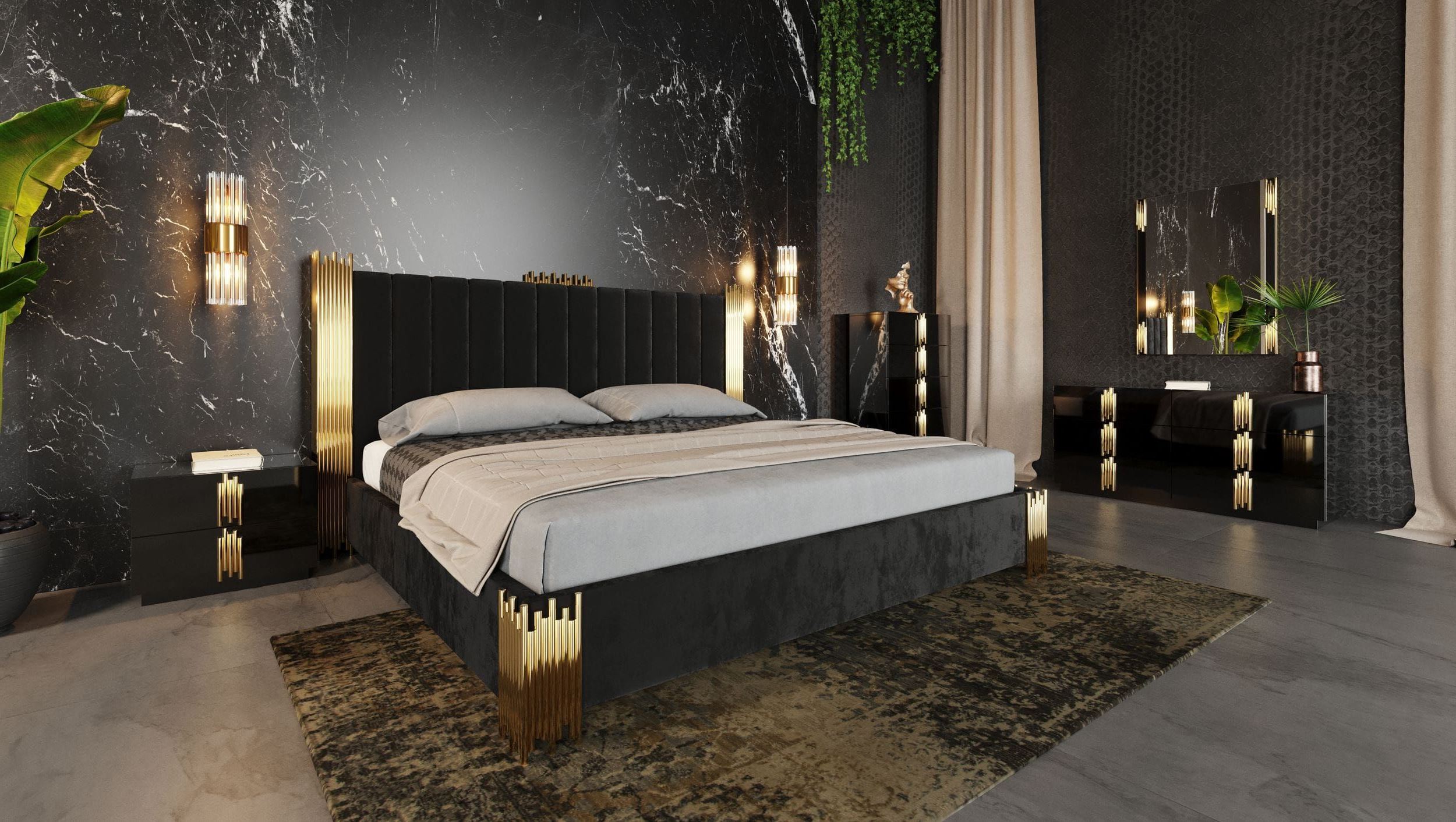 LA Furniture Queen Token Modern Black & Gold 4-Piece Bedroom Set VGVCBD815-4PCSET-Q Contemporary Style by Vig Furnitrue Number 85673 Catch Home Goods