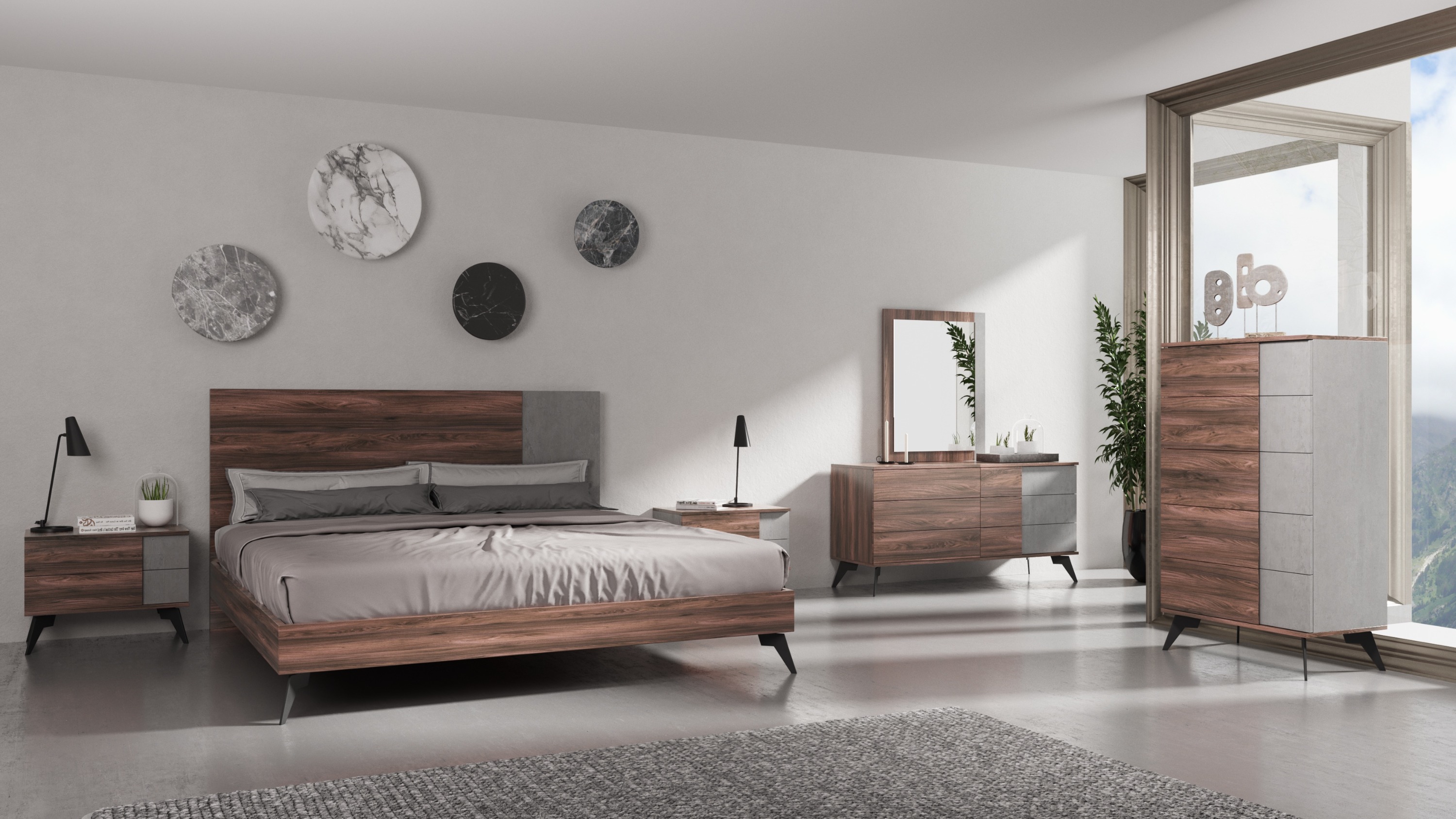 LA Furniture Eastern King Palermo Italian Modern Faux Concrete & Noce Bodrum 4-Piece Bedroom Set VGACPALERMO-WAL-4PC-SET-EK Contemporary Style by Vig Furnitrue Number 85624 Catch Home Goods