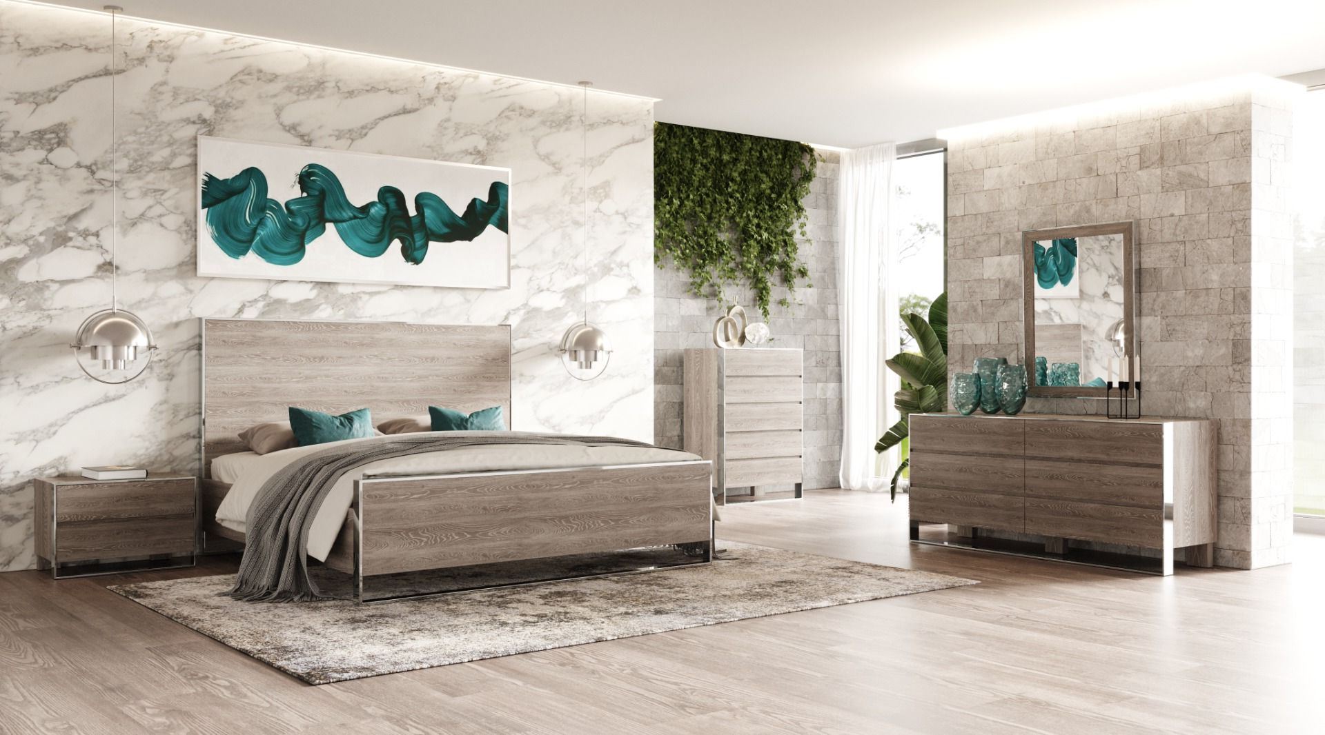 LA Furniture Eastern King Charlene Modern Grey Elm & Stainless Steel 4-Piece Bedroom Set VGVC-CHARLENE-4PC-SET-EK Contemporary Style by Vig Furnitrue Number 85654 Catch Home Goods