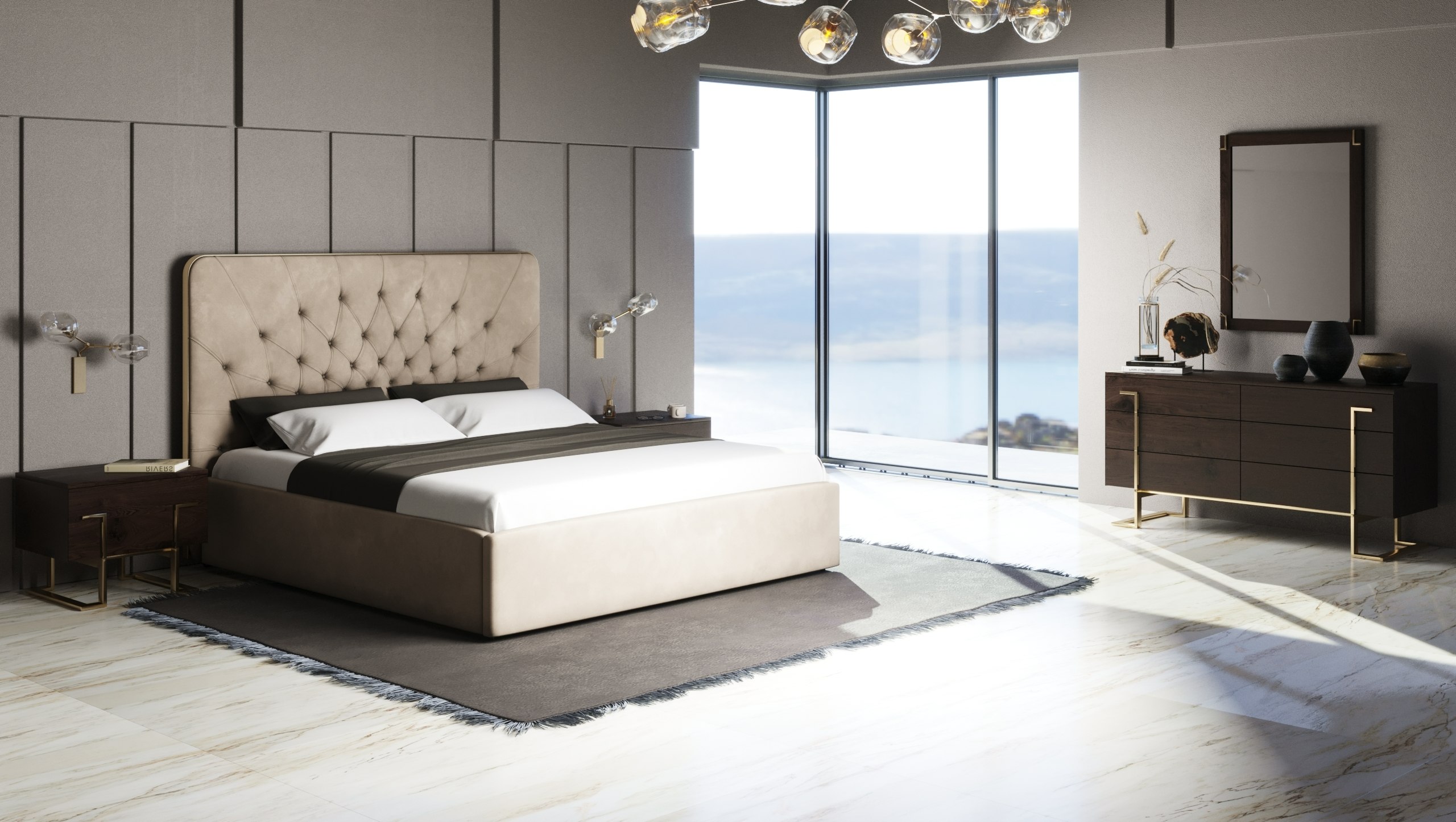 LA Furniture Eastern King Moontide Glam Beige Velvet and Brushed Brass 4-Piece Bedroom Set VGVCBD1922-19-4PC-SET-EK Contemporary Style by Vig Furnitrue Number 85657 Catch Home Goods