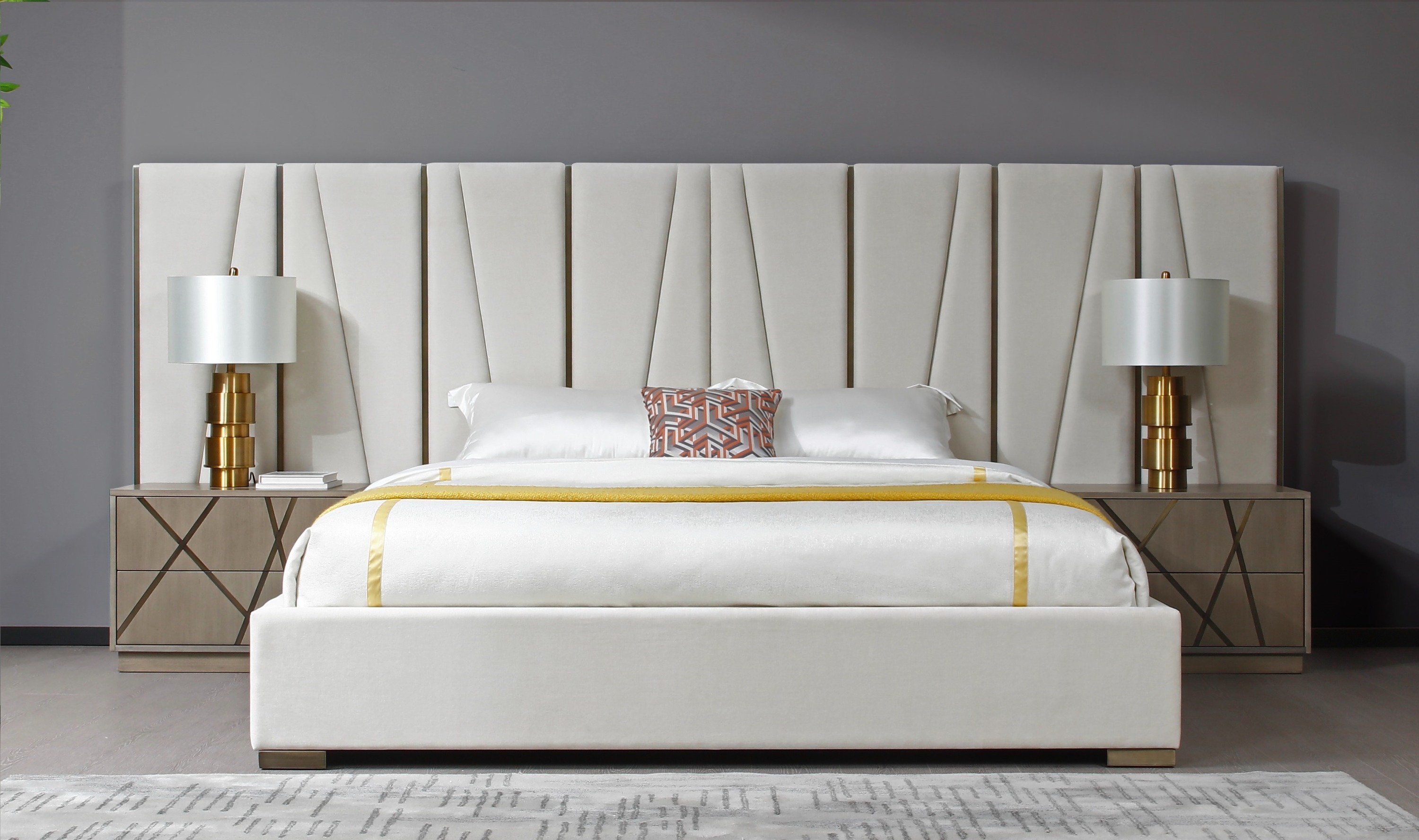 LA Furniture Nixa Modern Beige Velvet + Brushed Bronze + Birch Bed + Nightstands-queen VGVC-BD1909-BED-NS-BGE-queen-1 Contemporary Style by Vig Furnitrue Number 81283 Catch Home Goods